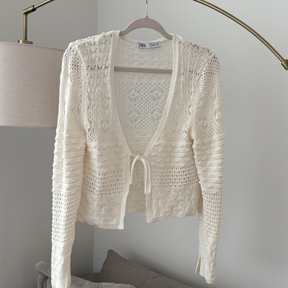 Zara Cream Open-Knit Tie-Front Cardigan